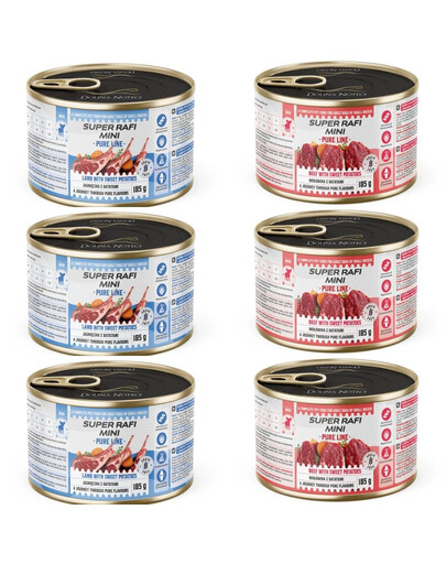 SUPER RAFI Mini Pure Line Nassfutter Mix Lamm Rind Süßkartoffeln für adulte kleine Hunderassen 6x185g