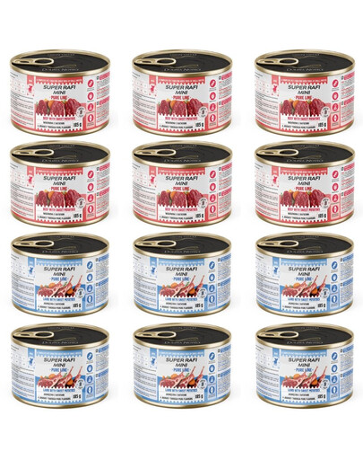 SUPER RAFI Mini Pure Line Nassfutter Mix Lamm Rind Süßkartoffeln für adulte kleine Hunderassen 12x185g