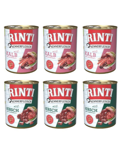 RINTI Kennerfleisch Nassfutter Mix Geschmacks mit Hirsch und Kalb für adulte Hunde getreidefrei 6x800 g