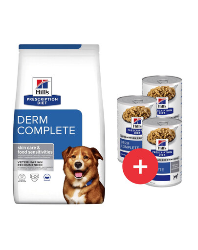 HILL'S Prescription Diet Canine Derm Complete 12 kg karma wzmacniająca skórę psa + 3 puszki GRATIS