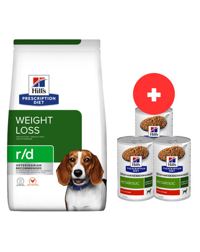 HILL'S Prescription Diet r/d Weight Reduction mit Huhn Adult für übergewichtige Hunde 10 kg + 3 Dosen GRATIS