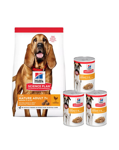 HILL'S Science Plan 7+ Dog Mature Light Medium Chicken für ältere Hunde 14 kg + 3 Dosen GRATIS