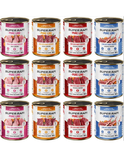 SUPER RAFI Pure Line Nassfutter Mix 4 Geschmacks für adulte Hunde getreidefrei 12x800g