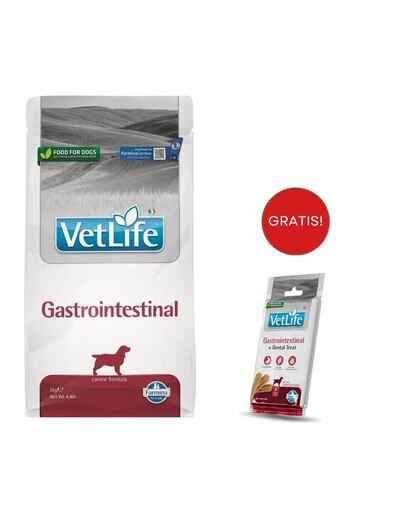 FARMINA Vet Life Gastrointestinal für Hunde mit Verdauungsproblemen 2 kg + dentale Snacks Medium/Maxi 100 g (7 St) GRATIS!
