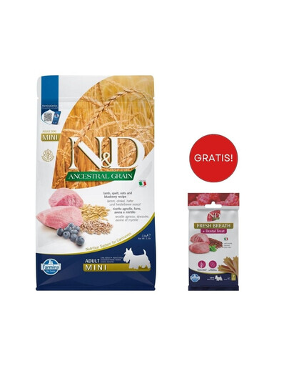 FARMINA N&D Ancestral Grain Lamb & Blueberry Adult Mini dog 2.5 kg + Snack Dental Treat Fresh breath Mini 60 g GRATIS!