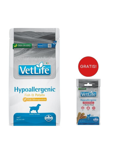 FARMINA Vet Life Hypoallergenic Fish & Potato für Hunde mit Allergie 2 kg + Snack Pork&Potato Hypoallergenic 60 g GRATIS!