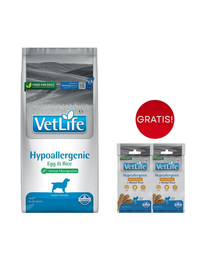 FARMINA Vet Life Hypoallergenic Egg & Rice dog für Hunde mit Allergie 12 kg + dentale Leckerei Fisch, Kartoffel 2x60 g GRATIS!