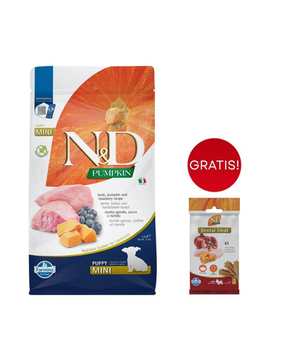 FARMINA N&D GF Pumpkin Lamb & Blueberry Puppy Mini 2.5 kg + Snack Dental Treat Chicken Pomegranate Mini 60 g GRATIS!