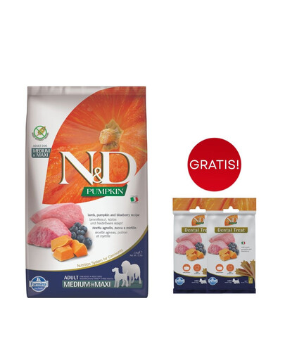 FARMINA N&D Pumpkin lamb&blueberry Adult Medium Maxi 12 kg + Snack Dental Treat Lamb Blueberry Mini 2x60 g GRATIS!