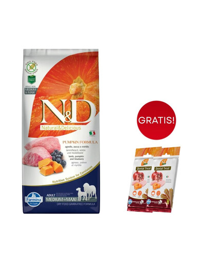 FARMINA N&D Pumpkin lamb&blueberry Adult Medium Maxi 12 kg + Snacks Dental Treat Chicken Pomegranate Medium/Maxi 2x100 g GRATIS!