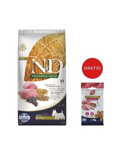 FARMINA N&D Ancestral Grain lamb & blueberry Adult Mini dog 7 kg + Snack Dental Treat Flatulence Mini 60 g GRATIS!