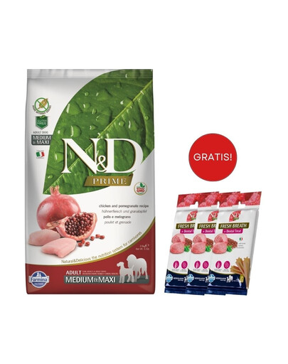 FARMINA N&D Prime dog Adult Medium & Maxi chicken & pomegranate 12 kg + Snack Dental Treat Fresh breath Medium/Maxi 2x100 g GRATIS