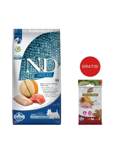 FARMINA N&D Ocean Dog Adult Mini Lachs, Kabeljau, Melone 7 kg + dentale Leckerlis für kleine Hunderassen Mini 60 g (7 St. ) GRATIS!