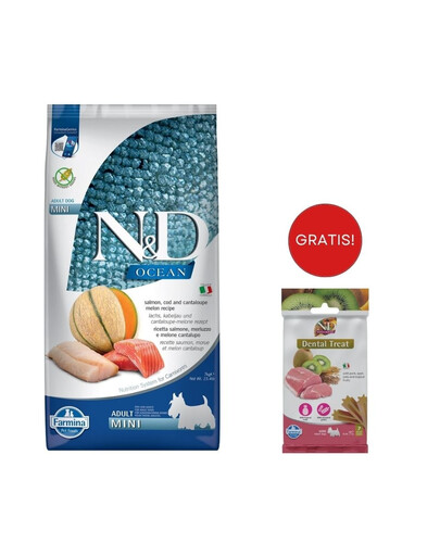 FARMINA N&D Ocean Dog Adult Mini Lachs, Kabeljau, Melone 7 kg + Snack Dental Treat Pork Mini 60 g GRATIS!