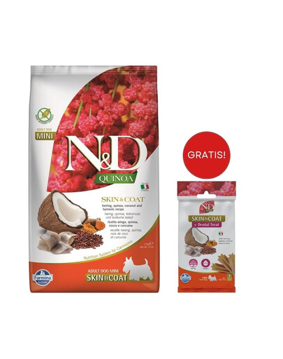 FARMINA N&D Quinoa Dog Skin&Coat Adult Mini herring, coconut 2.5 kg + Snack Dental Treat Skin Coat Herring Mini 60 g GRATIS!