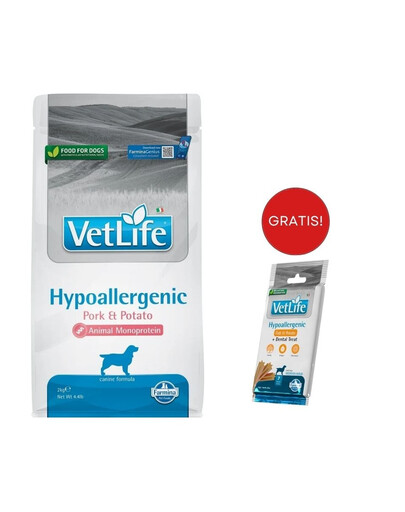 FARMINA VetLife Hypoallergenic Adult Pork 2 kg + dentale Snacks Hypoallergenic Fish Medium/Maxi 100 g GRATIS!