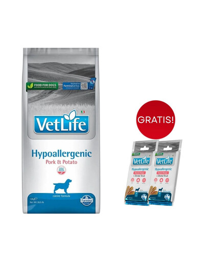FARMINA Vet Life Hypoallergenic Pork Potato für adulte Hunde 12kg + dentale Snacks Hypoallergenic Pork Medium/Maxi 2x100 g GRATIS!