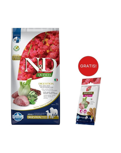 FARMINA N&D Quinoa Dog Adult Medium&Maxi Digestion Lamb & Fennel 7 kg + Snack Dental Treat Digestion Medium/Maxi 100g GRATIS!