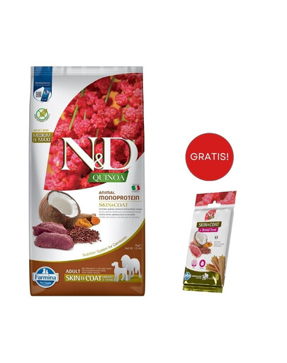 FARMINA N&D Quinoa Dog Adult Medium&Maxi Skin&Coat Venison & Coconut 7 kg + Snack Dental Treat Skin Coat Duck Medium/Maxi 100 g GRATIS!