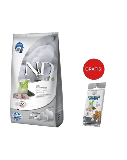 FARMINA N&D White Dog Adult Medium Maxi Sea Bass, Spirulina, Fennel 7 kg + Snack Dental Treat Coat Sea bass Mini 60 g GRATIS!