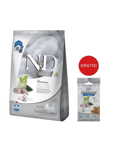 FARMINA N&D White Dog Adult Mini Sea Bass, Spirulina, Fennel 5 kg + Snack Dental Treat Coat Sea bass Mini 60 g GRATIS!