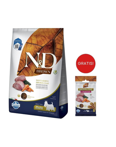 FARMINA N&D Brown Dog Adult Mini Lamb, Spirulina, Carrot 5 kg + Snack Dental Treat Coat Lamb Mini 60 g GRATIS!