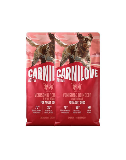 CARNILOVE Active Trockenfutter Wild, Rentier und Wildschwein für adulte Hunde getreidefrei 2x12 kg