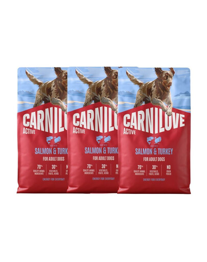 CARNILOVE Active Adult Trockenfutter mit Lachs und Truthahn für aktive Hunde aller Rassen getreidefrei 3x4 kg