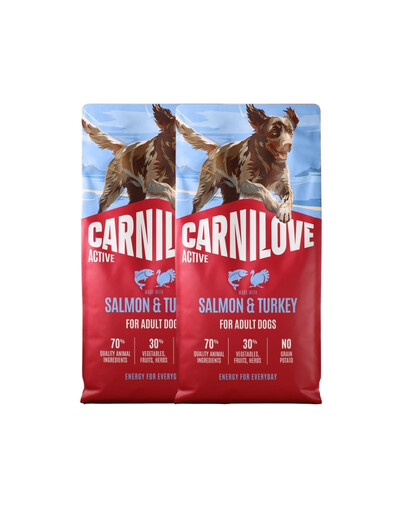 CARNILOVE Active Adult Trockenfutter mit Lachs und Truthahn für aktive Hunde aller Rassen getreidefrei 2x12 kg