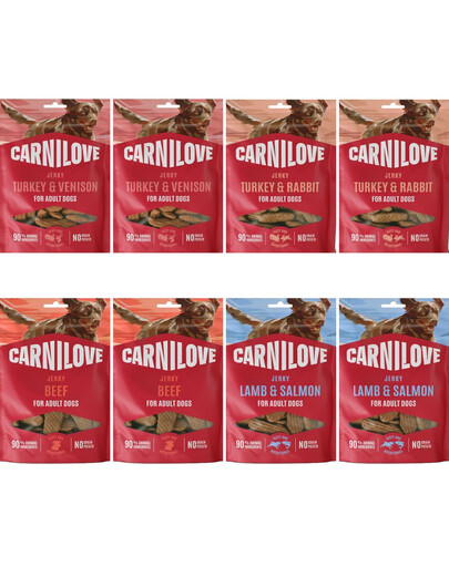 CARNILOVE Dog Jerky Mix Smaków 8x100g mięsne przysmaki dla dorosłych psów