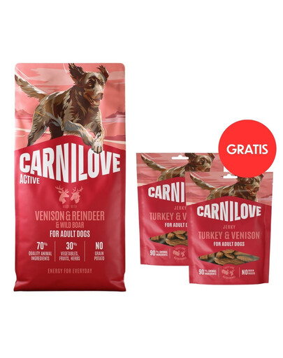CARNILOVE Active Trockenfutter Wild, Rentier und Wildschwein für adulte Hunde getreidefrei 12 kg + Jerky Turkey with Venision 2x100g