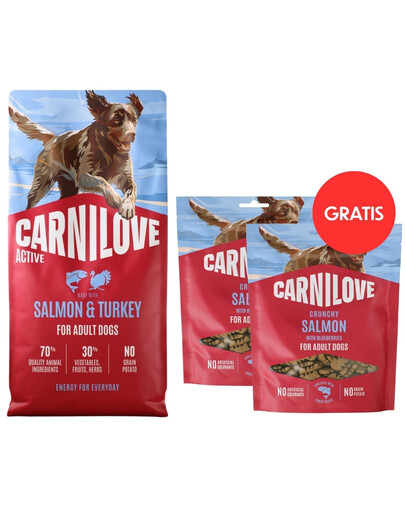 CARNILOVE Active Adult Trockenfutter mit Lachs und Truthahn für aktive Hunde aller Rassen getreidefrei 12 kg + Crunchy Snack Salmon 2x200g