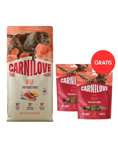 CARNILOVE True Fresh Trockenfutter mit Rind für adulte Hunde getreidefrei 12 kg + Dog Jerky Beef Fillet 2x100g