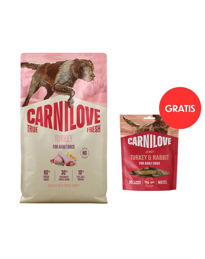 CARNILOVE True Fresh Dog Turkey Adult 4 kg ze świeżym indykiem dla psów + CARNILOVE Dog Jerky Turkey and Rabbit 100g GRATIS