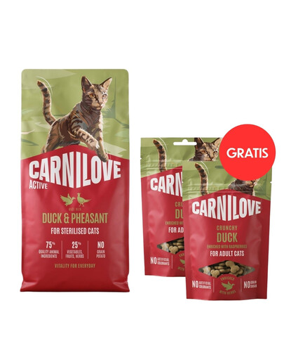 CARNILOVE Active Sterilised Trockenfutter Ente und Fasan für sterilisierten Katzen getreidefrei 6 kg + Crunchy Snack Cat Duck 2x50 g