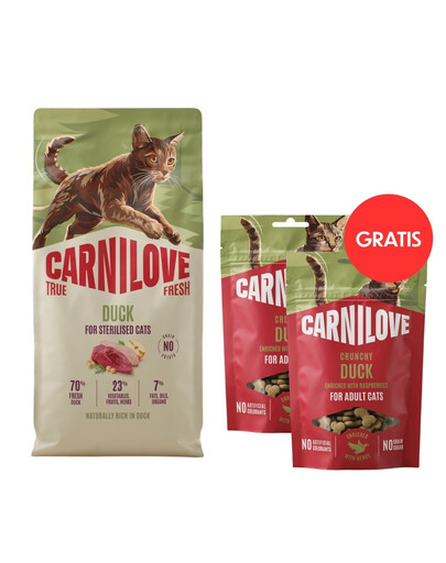 CARNILOVE True Fresh Sterilised Trockenfutter mit Ente für kastrierte Katzen getreidefrei 6 kg + Crunchy Snack Duck 2x50 g