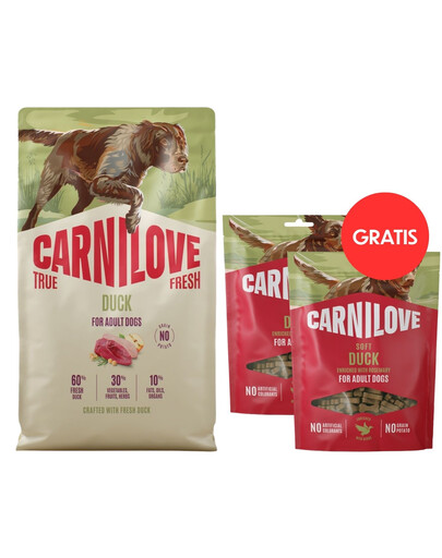 CARNILOVE True Fresh Duck Adult Trockenfutter mit Ente für adulte Hunde aller Rassen getreidefrei 12 kg + Soft Snack Duck 2x200g