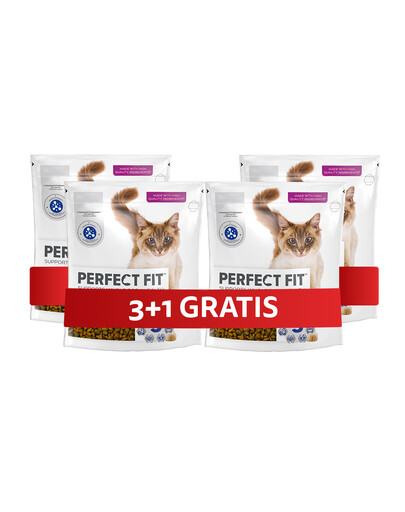 PERFECT FIT Antihairball 1+ 4 x 750 g sucha karma pełnoporcjowa dla dorosłych kotów bogata w kurczaka 3+1 GRATIS