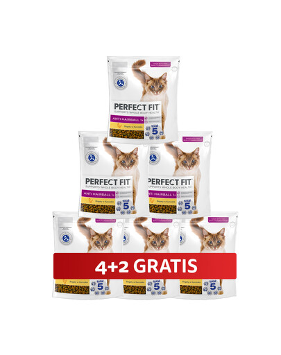 PERFECT FIT Antihairball 1+ 6 x 750 g sucha karma pełnoporcjowa dla dorosłych kotów bogata w kurczaka 4+2 GRATIS