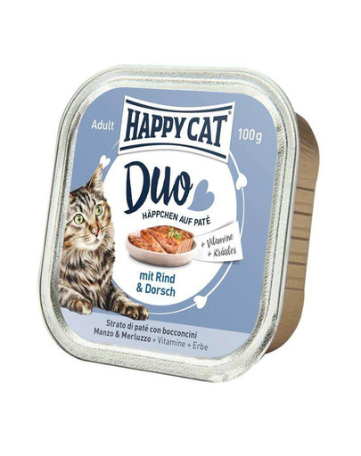 HAPPY CAT Duo Häppchen auf Paté mit Rind & Dorsch 100 g