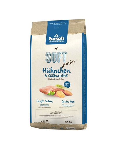 BOSCH Soft junior kurczak & bataty 12,5 kg + naturalne cygara z wołowiną 7 szt.
